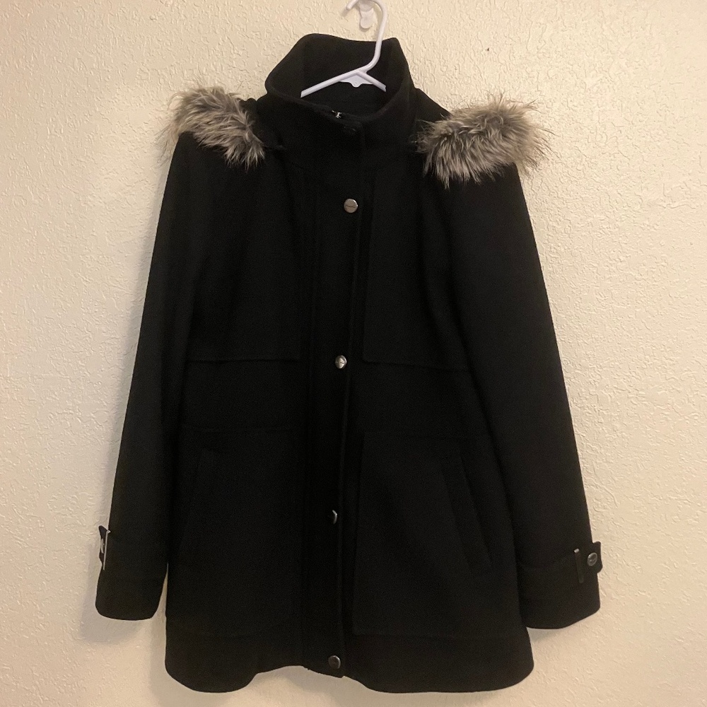 Kenneth Cole NY Coat Womens Black Hooded Faux Fur Trim Wool Blend - Large